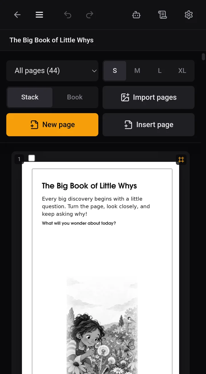 A book's pages in KDPify, with an illustrated page ready for print